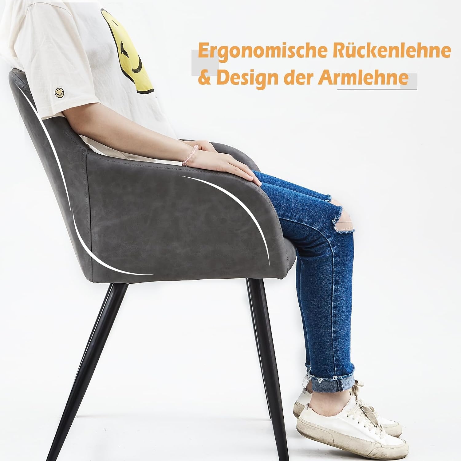 TUKAILAI Eetkamerstoelen, 1 stuks, kunstleer, beklede stoel, woonkamerstoel, stoel met armleuningen, rugleuning, metalen poten, moderne stoelen voor keuken, eetkamer, woonkamer, slaapkamer, lichtgrijs