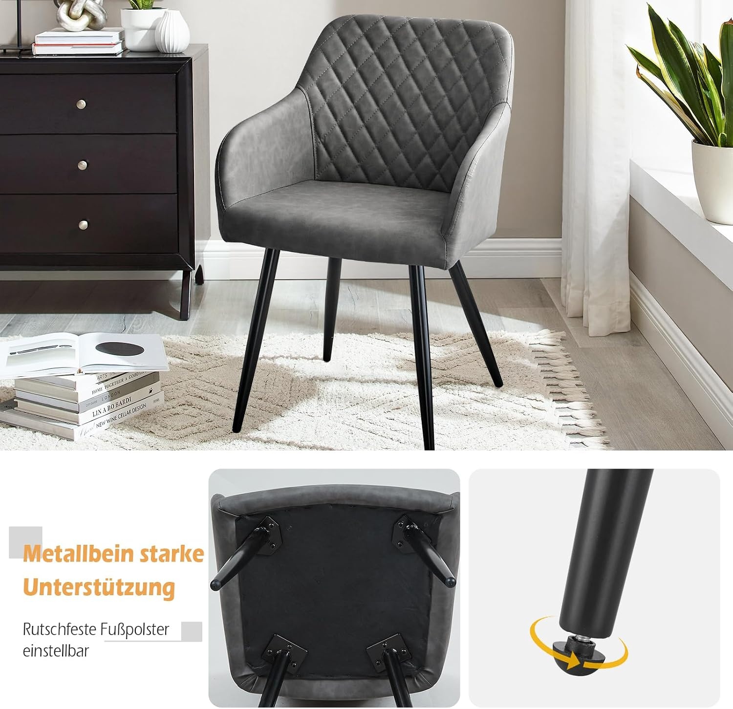 TUKAILAI Eetkamerstoelen, 1 stuks, kunstleer, beklede stoel, woonkamerstoel, stoel met armleuningen, rugleuning, metalen poten, moderne stoelen voor keuken, eetkamer, woonkamer, slaapkamer, lichtgrijs