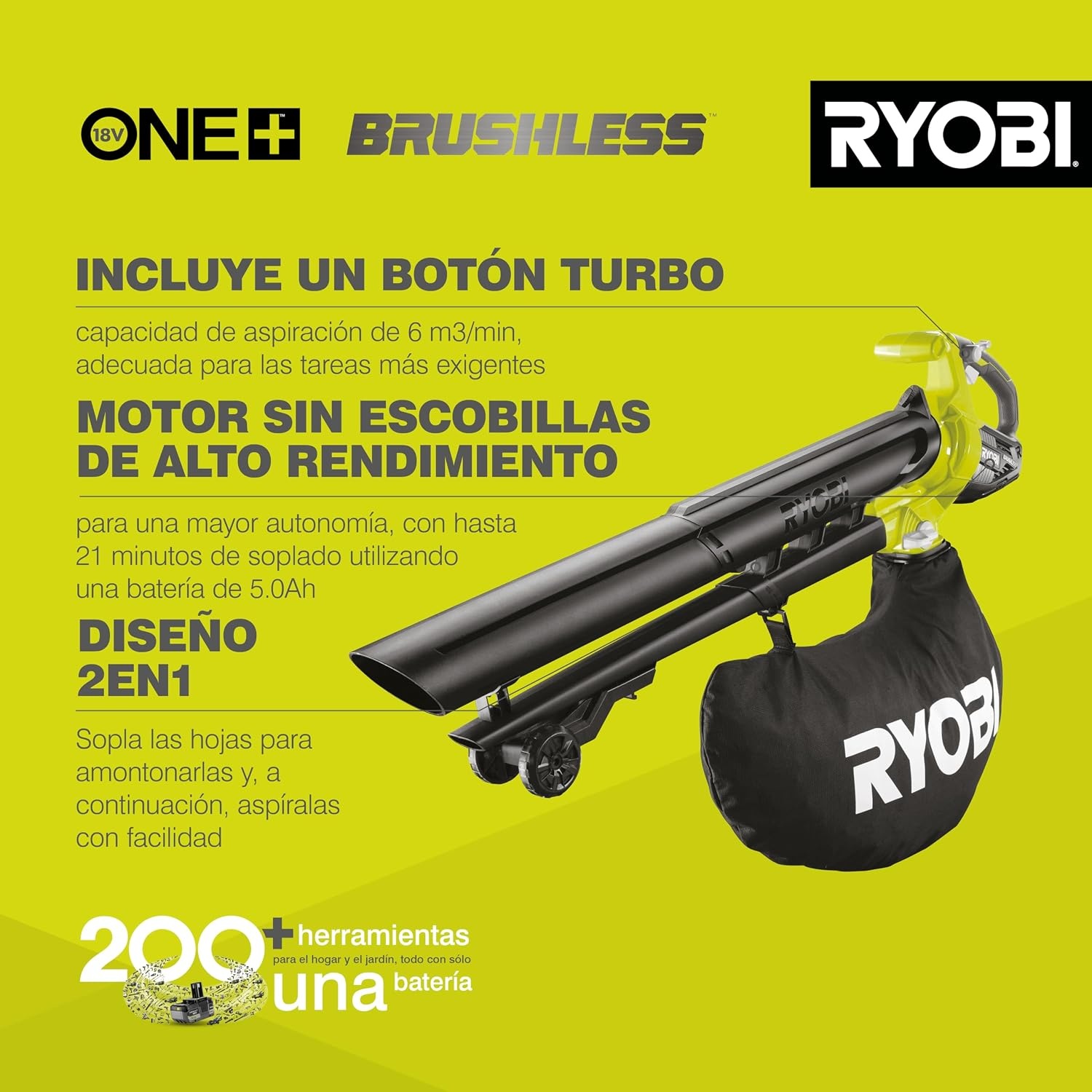 RYOBI - 18 Volt ONE+ draadloze stofzuigmachine en -versnipperaar - Borstelloos - 201 km/u - OBV18