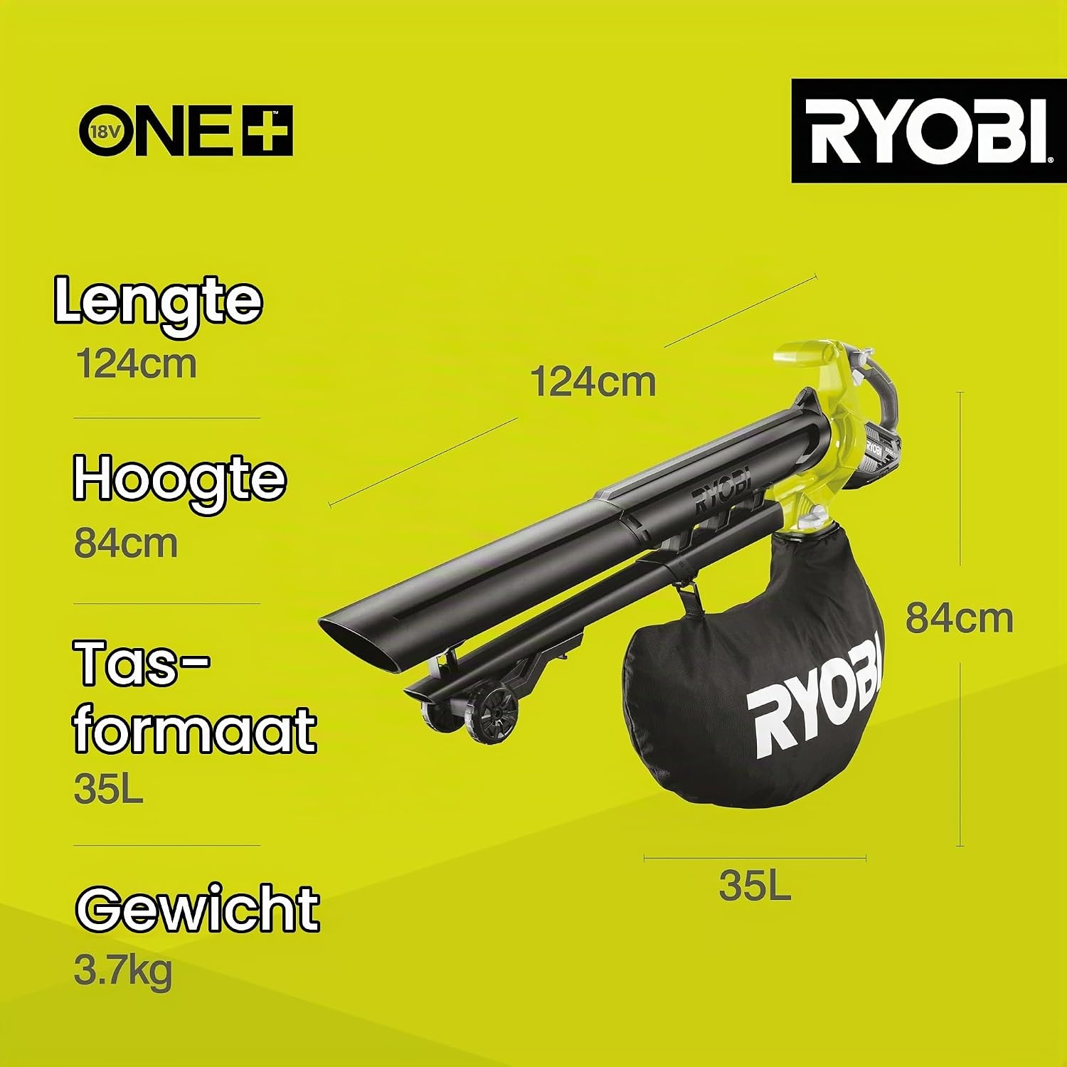 RYOBI - 18 Volt ONE+ draadloze stofzuigmachine en -versnipperaar - Borstelloos - 201 km/u - OBV18
