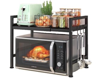 Verstelbaar Magnetronrek 40-60 cm - Zwart - Ruimtebesparend Keukenrek met 2 Niveaus en 4 Haken