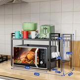 Verstelbaar Magnetronrek 40-60 cm - Zwart - Ruimtebesparend Keukenrek met 2 Niveaus en 4 Haken