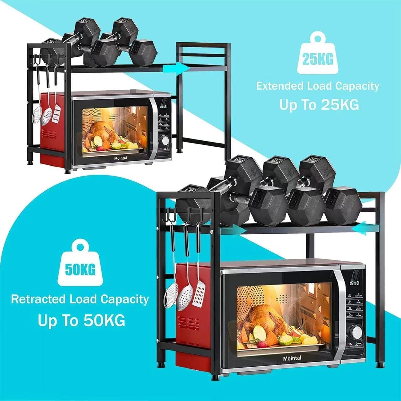 Verstelbaar Magnetronrek 40-60 cm - Zwart - Ruimtebesparend Keukenrek met 2 Niveaus en 4 Haken