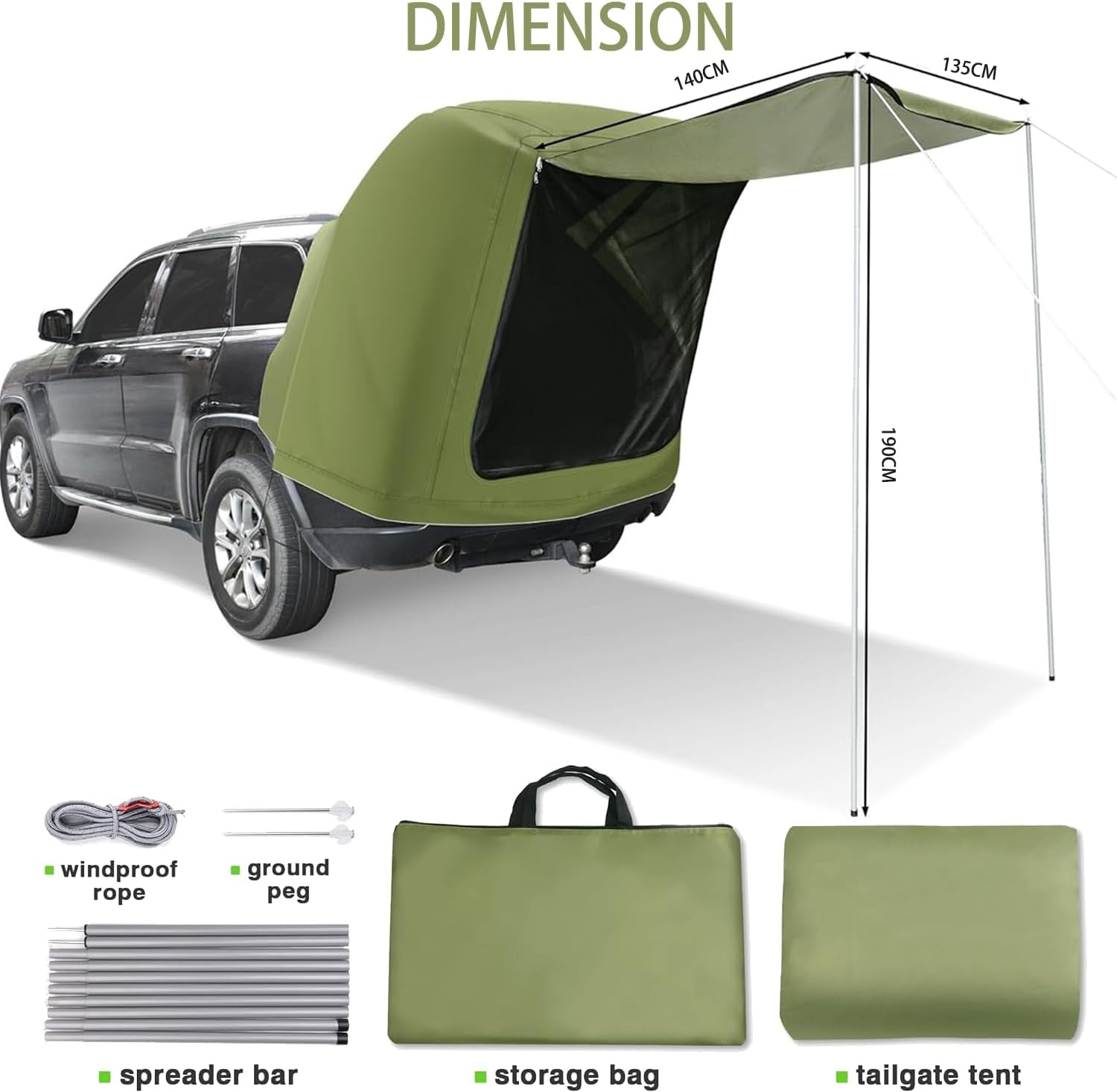 TOOSOAR Universele Achterkleptent voor Auto en SUV - Groen - 200 x 120 x 240 cm