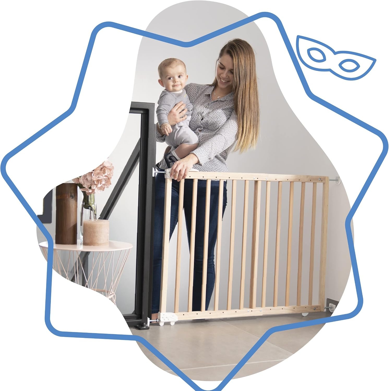 Badabulle Deco Pop, uitschuifbaar houten babyhekje, 63 tot 106 cm breed, babydeur met druk of schroef en traphekjes, naturel