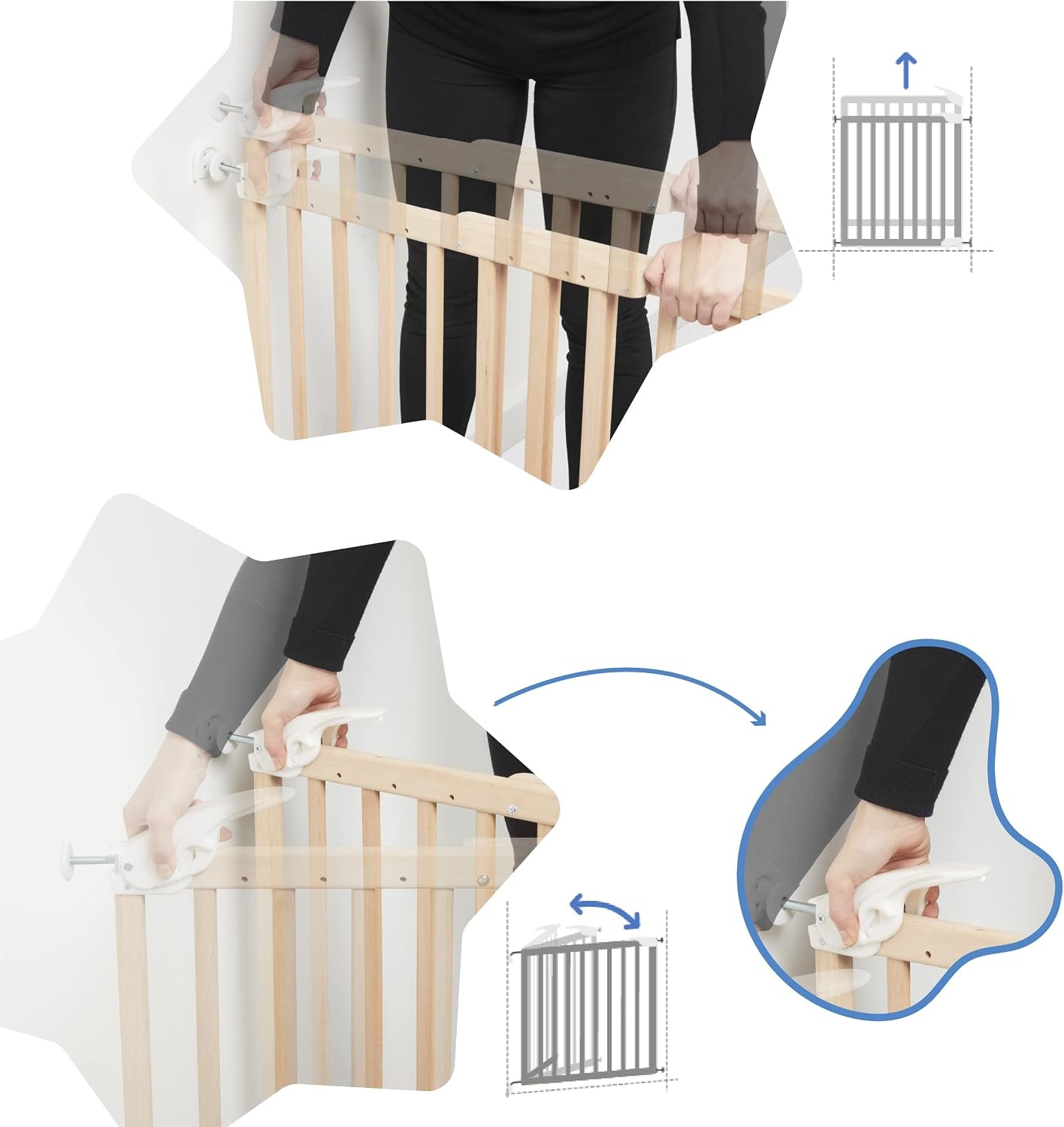 Badabulle Deco Pop, uitschuifbaar houten babyhekje, 63 tot 106 cm breed, babydeur met druk of schroef en traphekjes, naturel