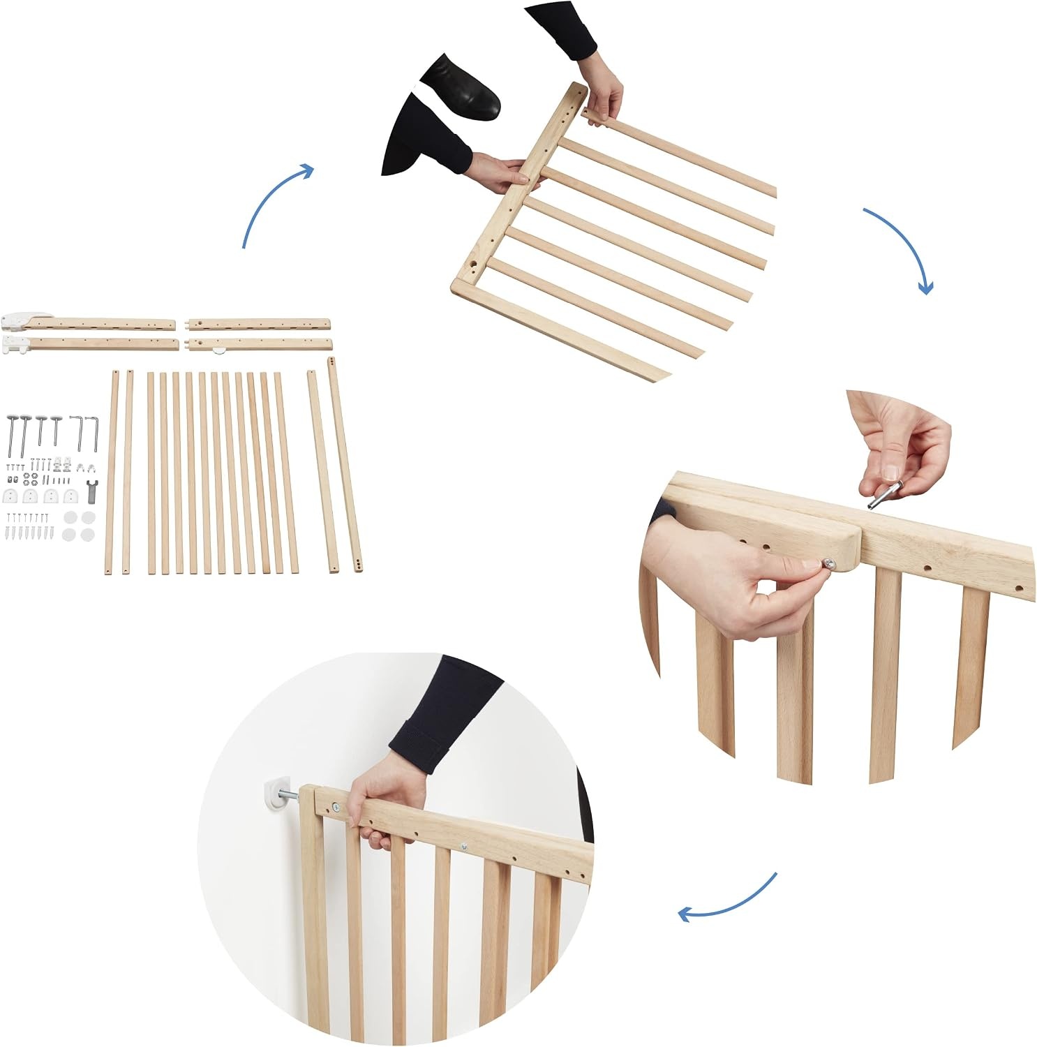Badabulle Deco Pop, uitschuifbaar houten babyhekje, 63 tot 106 cm breed, babydeur met druk of schroef en traphekjes, naturel
