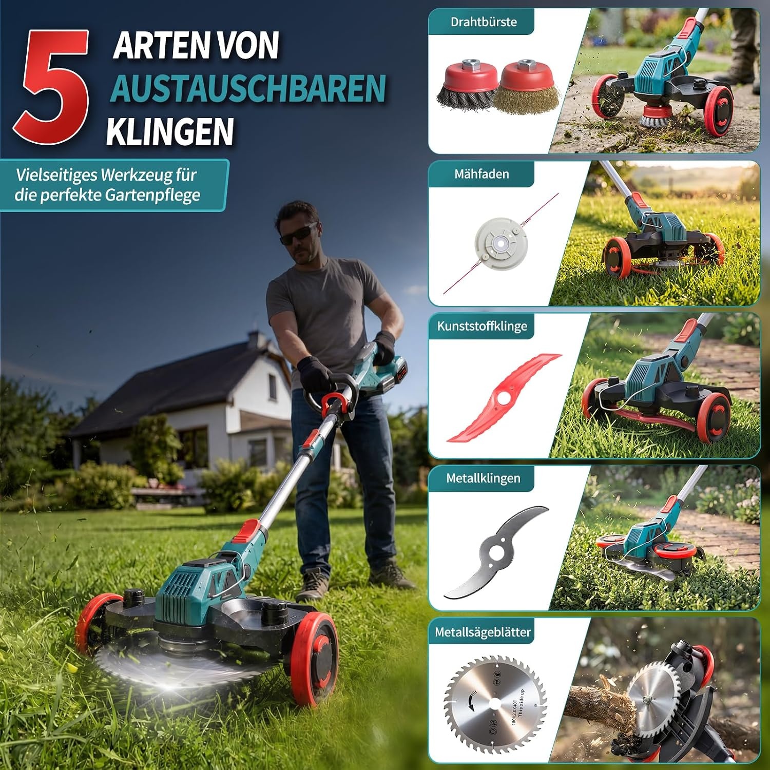 BlackForest Works 5-in-1 Accu Grastrimmer - 900W - Rood - Inclusief 2 Accu's en Wielen