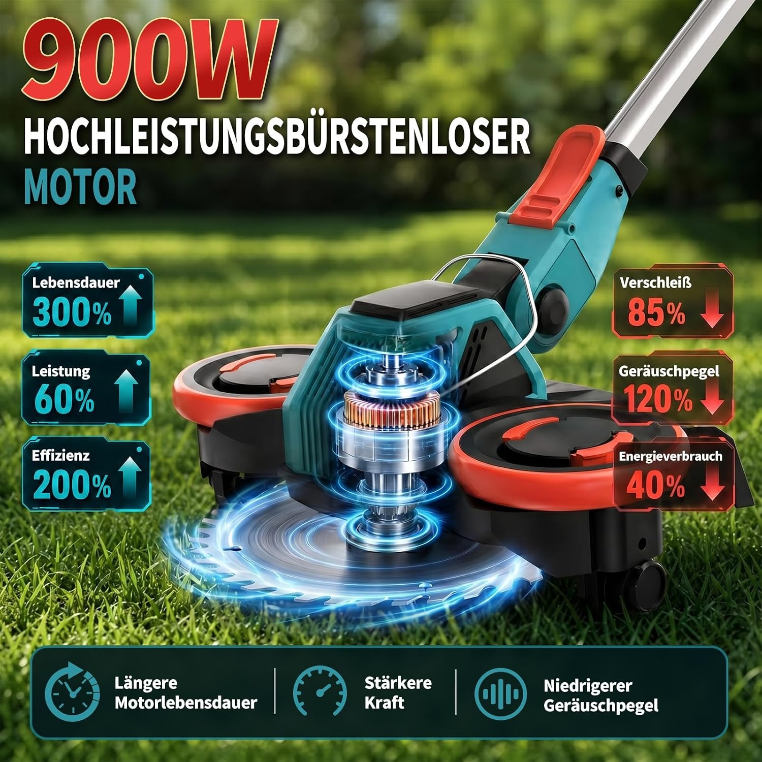 BlackForest Works 5-in-1 Accu Grastrimmer - 900W - Rood - Inclusief 2 Accu's en Wielen