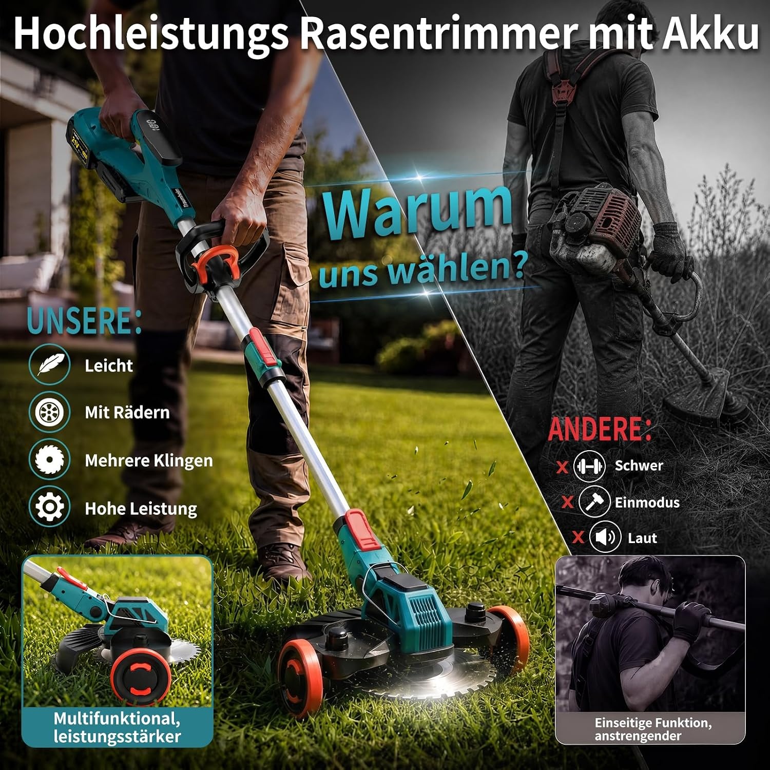 BlackForest Works 5-in-1 Accu Grastrimmer - 900W - Rood - Inclusief 2 Accu's en Wielen