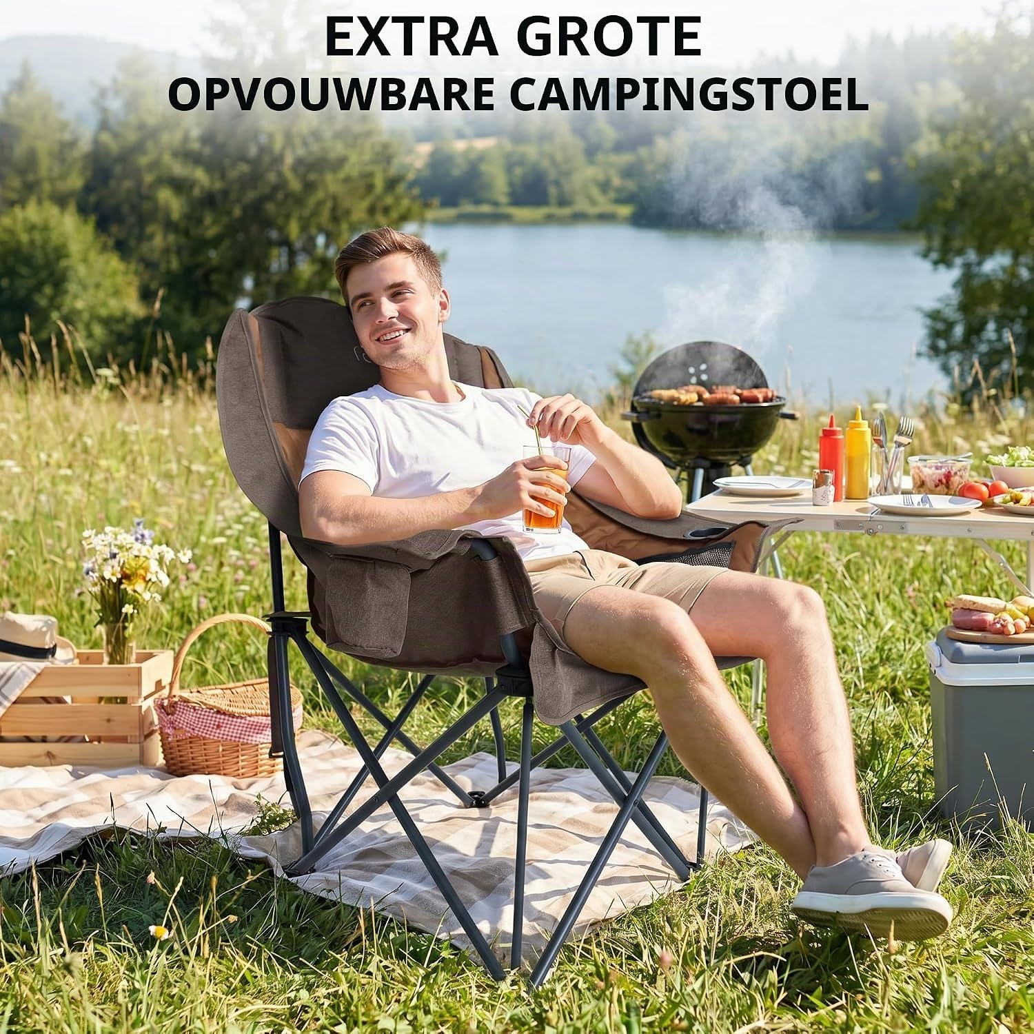 Extra grote campingstoel, inklapbaar, opvouwbare campingstoel, gestoffeerd, klapstoel, camping, visstoel, tot 227 kg belastbaar, bruin