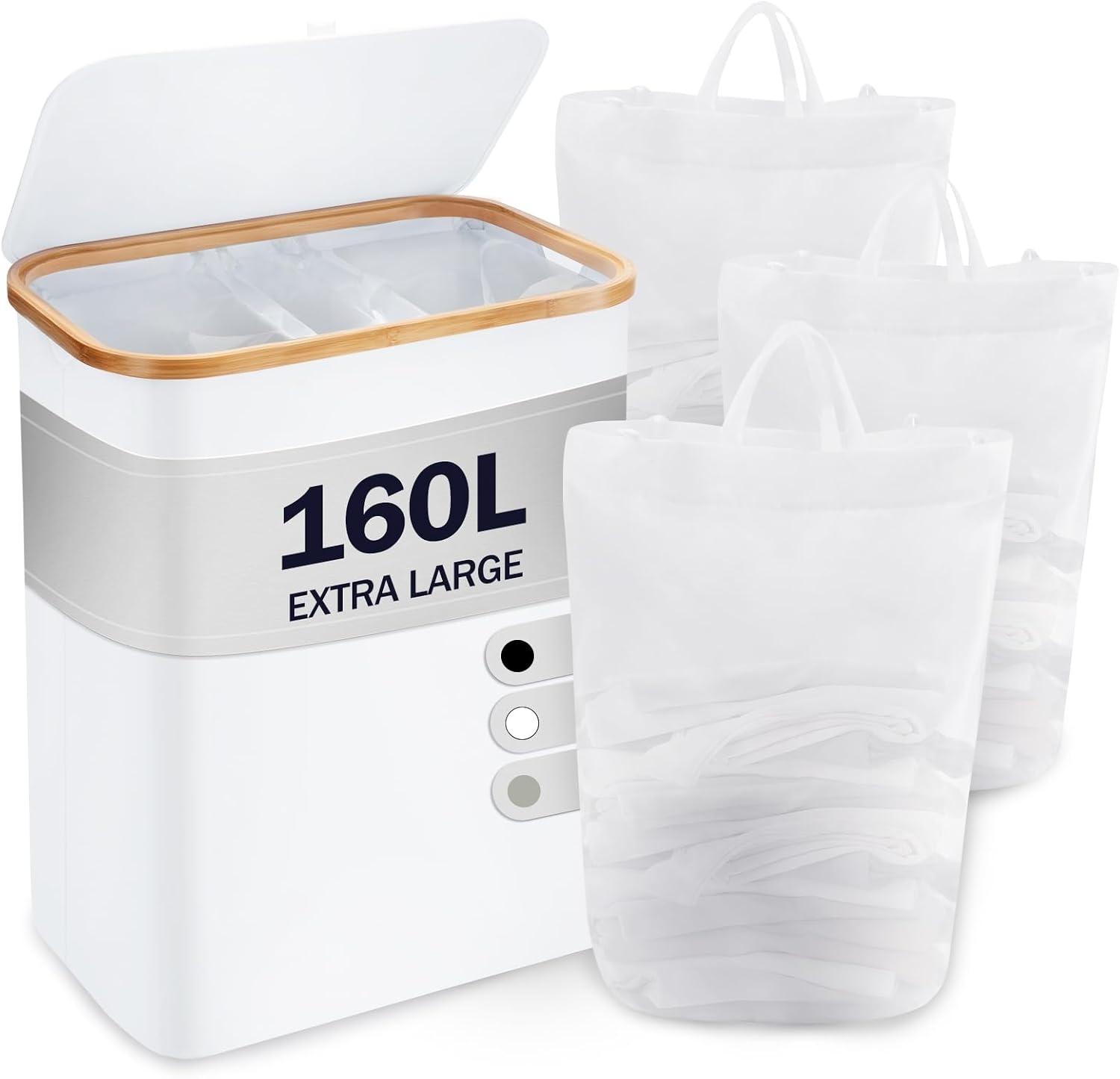 YOUDENOVA Wasmand met deksel - 3 vakken - 160 liter - Opvouwbaar - Wit