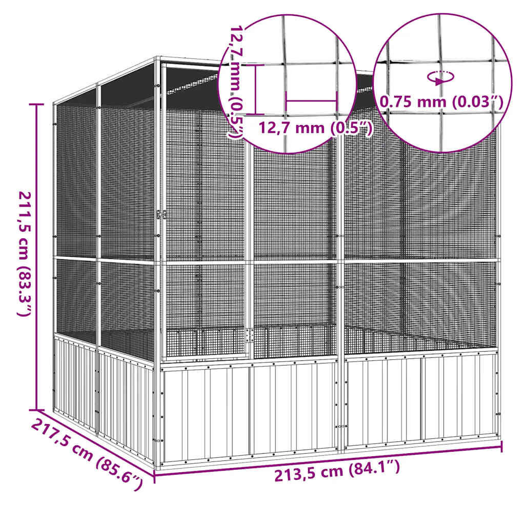 vidaXL Vogelkooi 213,5x217,5x211,5 cm gegalvaniseerd staal grijs