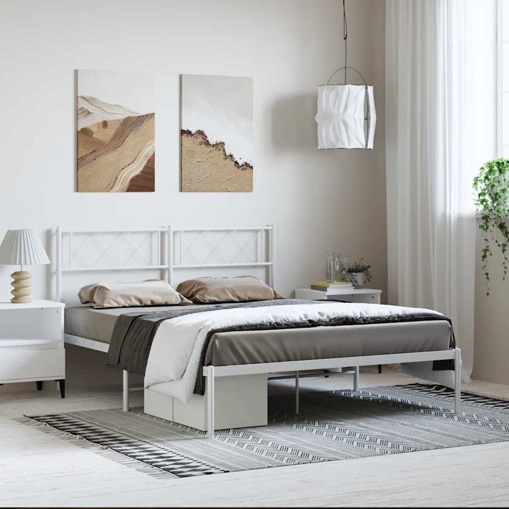 vidaXL Bedframe met hoofdbord metaal wit 135x190 cm
