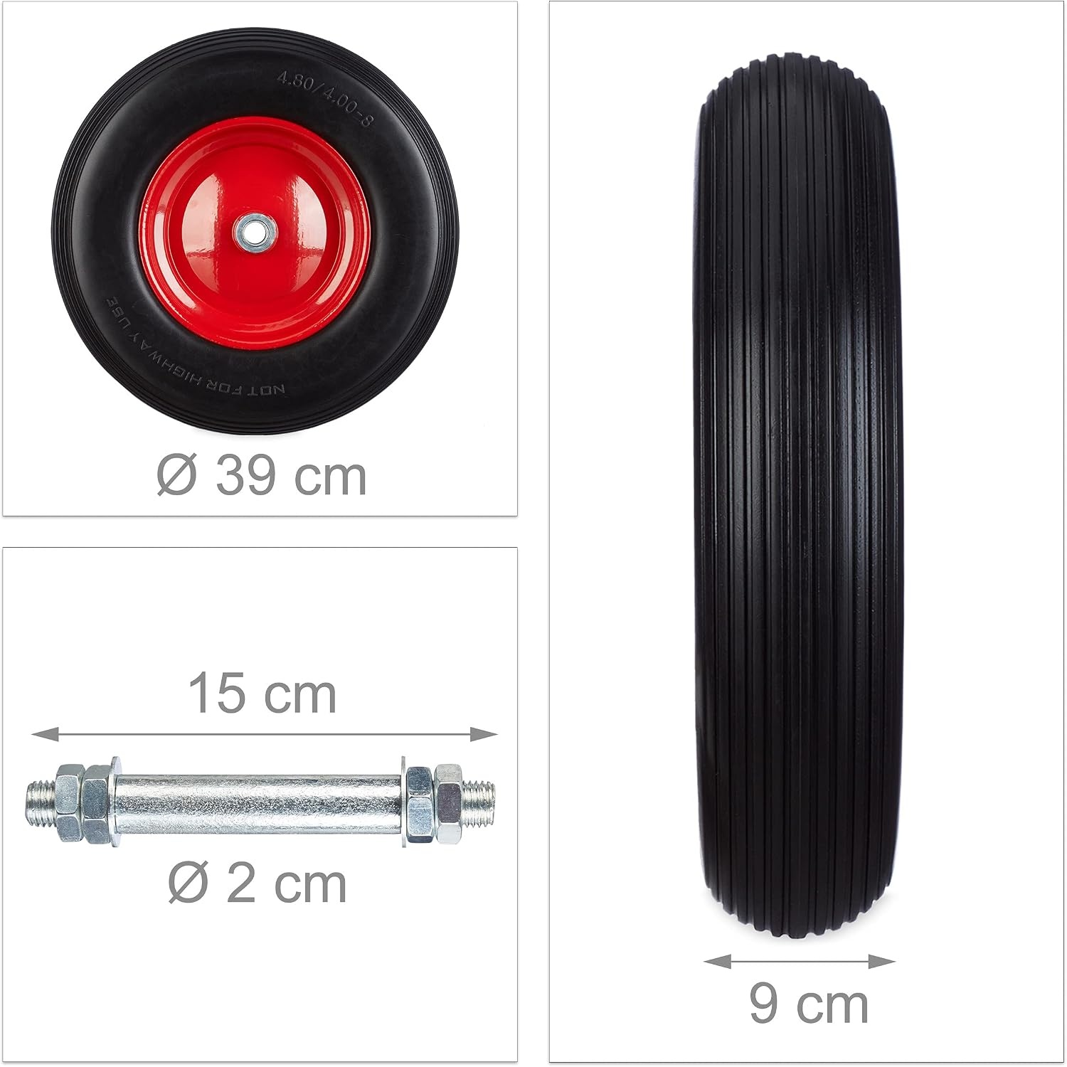 Relaxdays kruiwagenwiel massief rubber met as, 4.80/4.00-8, reservewiel