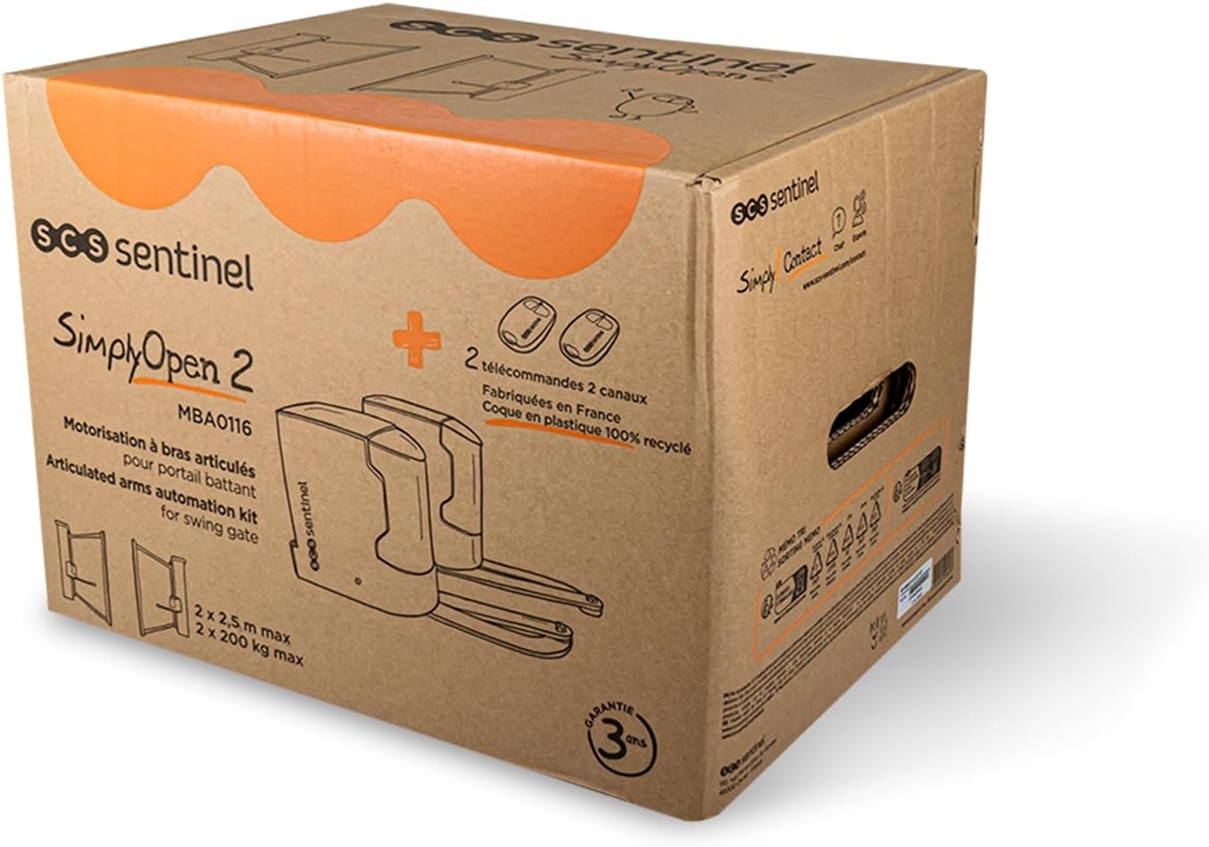SCS Sentinel, MBA0116, 24V draaipoortaandrijving 5M/400kgs, 2 afstandsbedieningen 2 kanalen, compatibel met hout, aluminium, ijzer, versterkt PVC, SimplyOpen 2