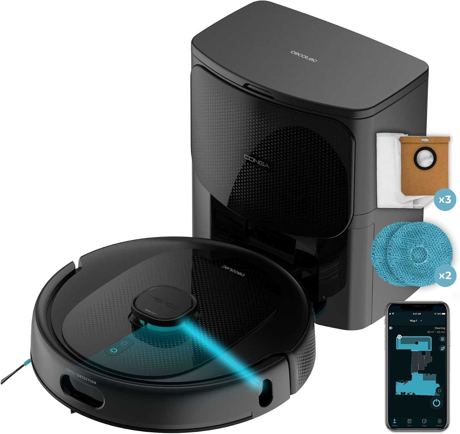 Cecotec Conga 9990 AI Spin Revolution Ultra Power Home robotstofzuiger, 10.000 Pa, lasernavigatie, automatische lediging, kunstmatige intelligentie, omzeilt objecten, app-bediening, 240 minuten
