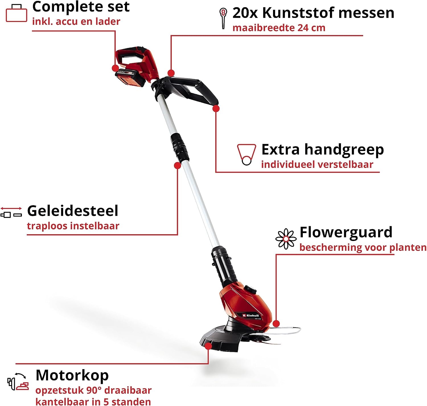 Einhell Accu Grasstrimmer GE-CT 18 Li - 18V - 24 cm - Inclusief 2.0 Ah Accu en Lader - Rood