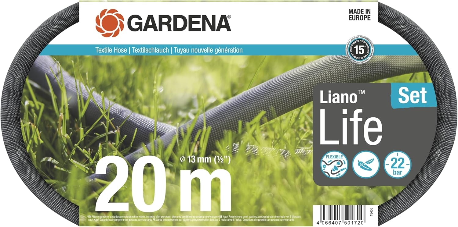 Gardena Liano Life textielslang 1/2 inch, 20 m: Zeer flexibele tuinslang van textielweefsel, met PVC-binnenslang, knikt niet, laag gewicht, weerbestendig (18450-20)