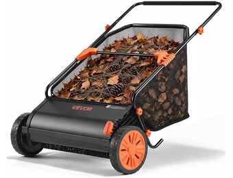 VEVOR Handmatige Gazonveger 66 cm - 26 inch Blad- en Grasverzamelaar met 7 cu. ft. Opvangzak - Zwart/Oranje