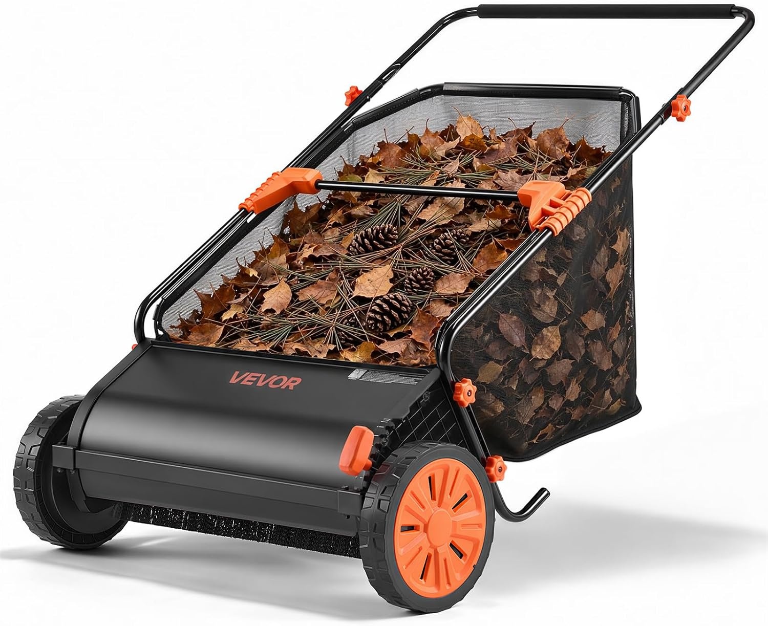 VEVOR Handmatige Gazonveger 66 cm - 26 inch Blad- en Grasverzamelaar met 7 cu. ft. Opvangzak - Zwart/Oranje