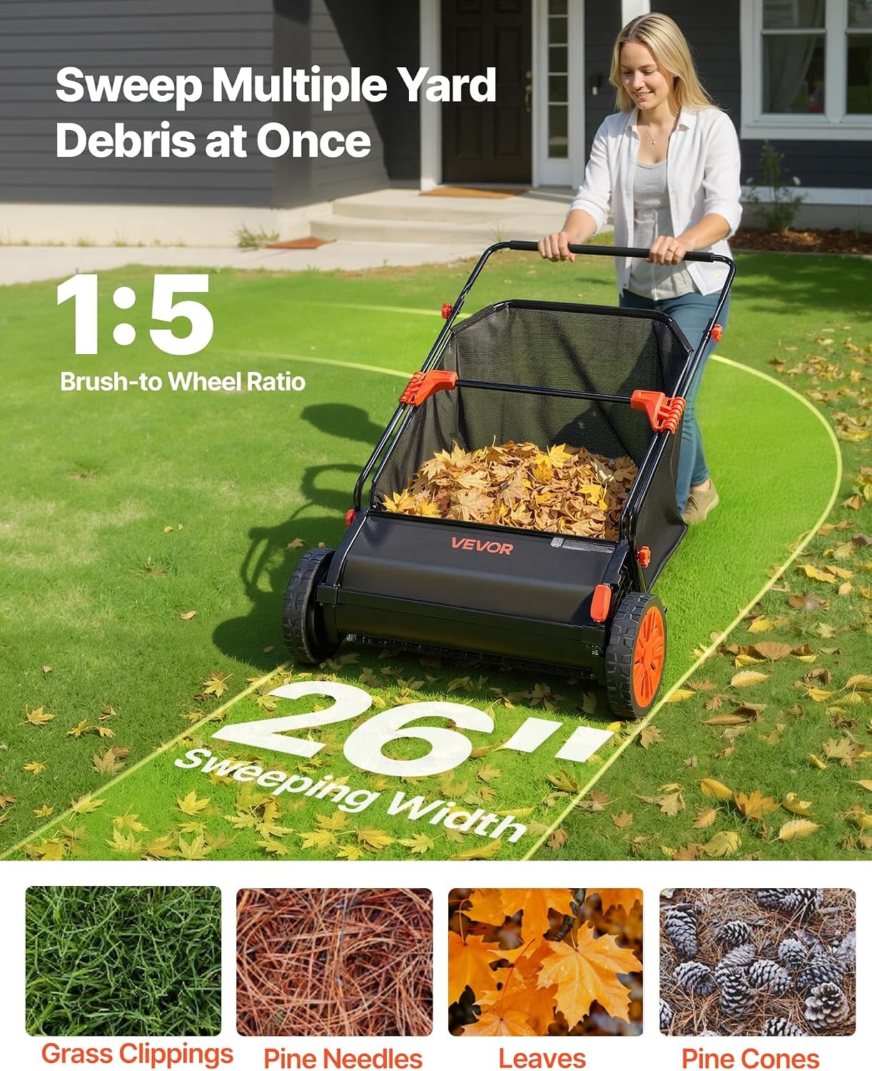 VEVOR Handmatige Gazonveger 66 cm - 26 inch Blad- en Grasverzamelaar met 7 cu. ft. Opvangzak - Zwart/Oranje