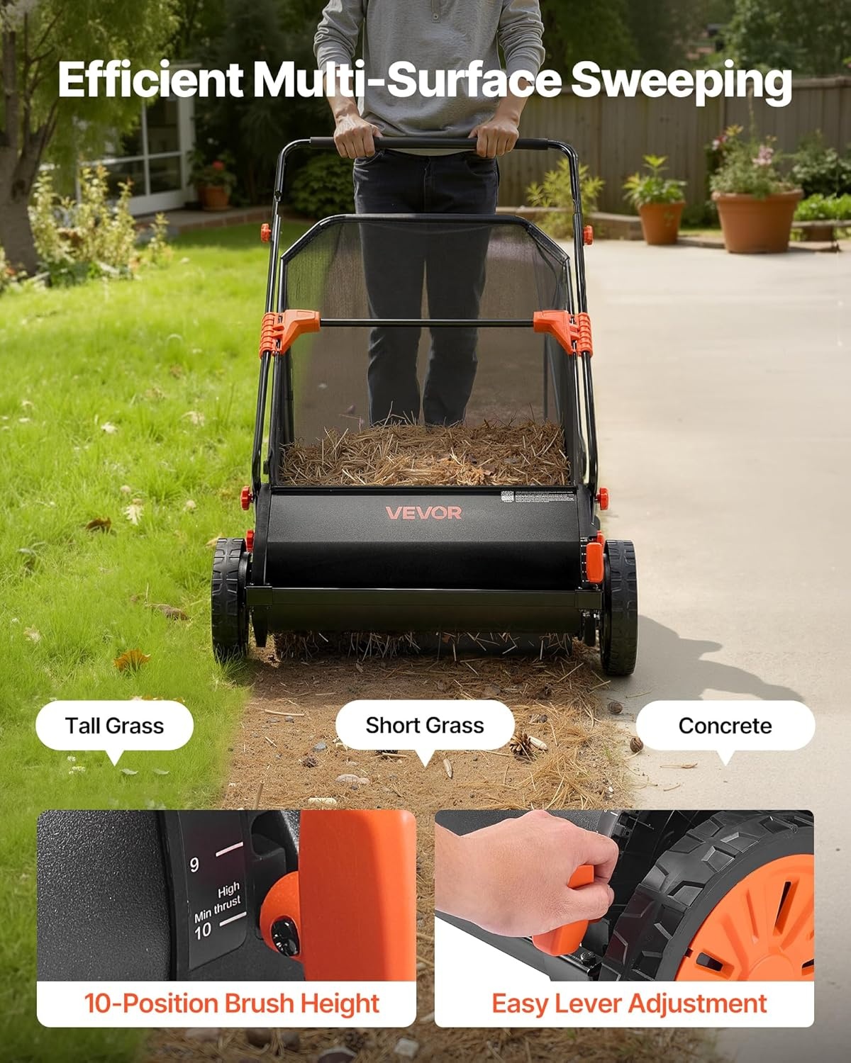 VEVOR Handmatige Gazonveger 66 cm - 26 inch Blad- en Grasverzamelaar met 7 cu. ft. Opvangzak - Zwart/Oranje