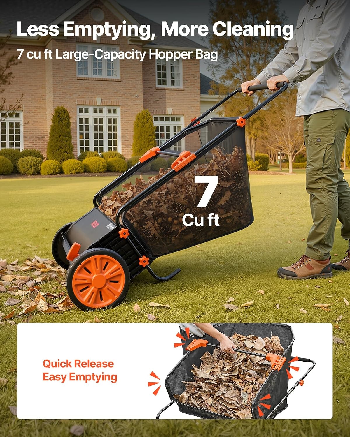 VEVOR Handmatige Gazonveger 66 cm - 26 inch Blad- en Grasverzamelaar met 7 cu. ft. Opvangzak - Zwart/Oranje