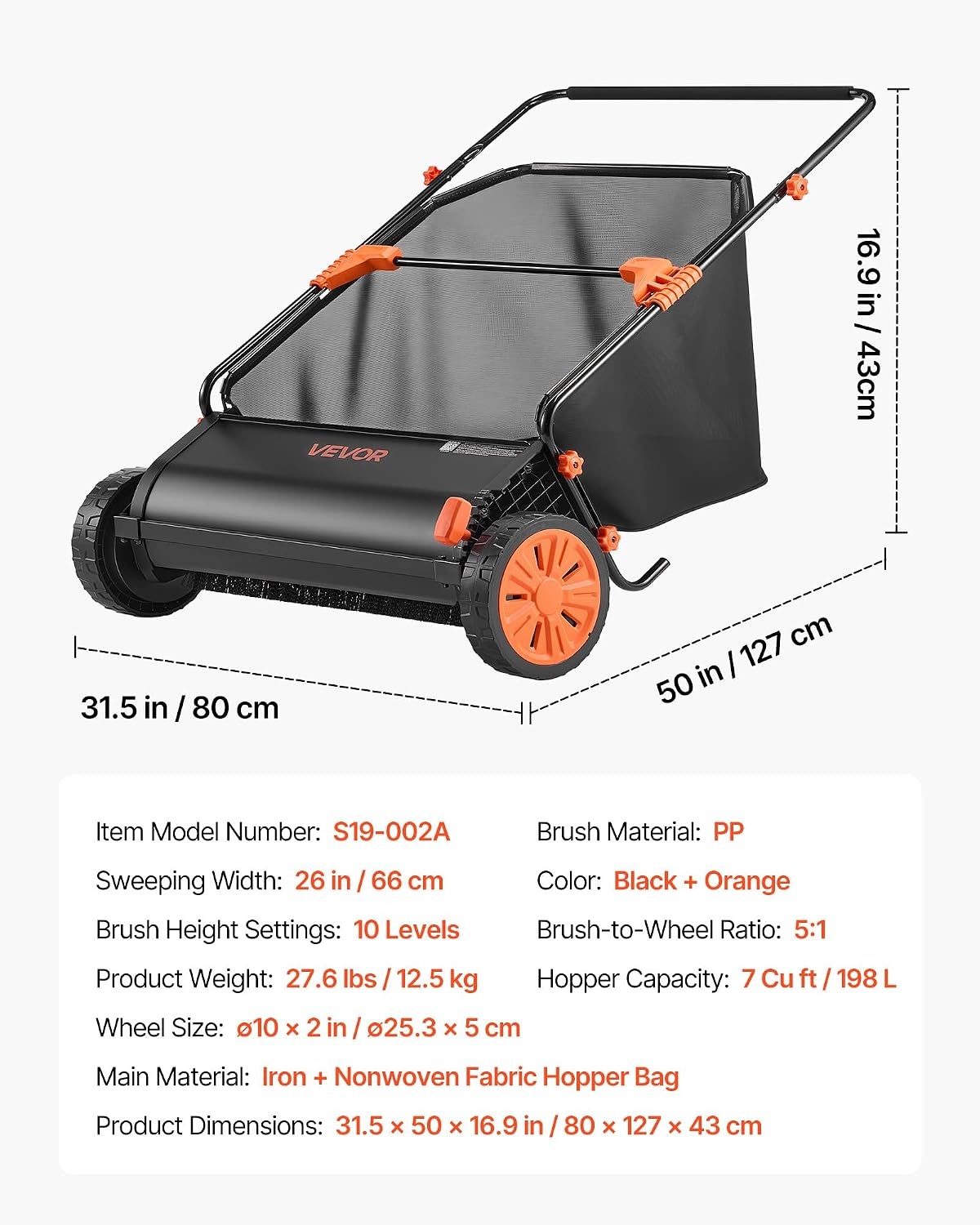 VEVOR Handmatige Gazonveger 66 cm - 26 inch Blad- en Grasverzamelaar met 7 cu. ft. Opvangzak - Zwart/Oranje