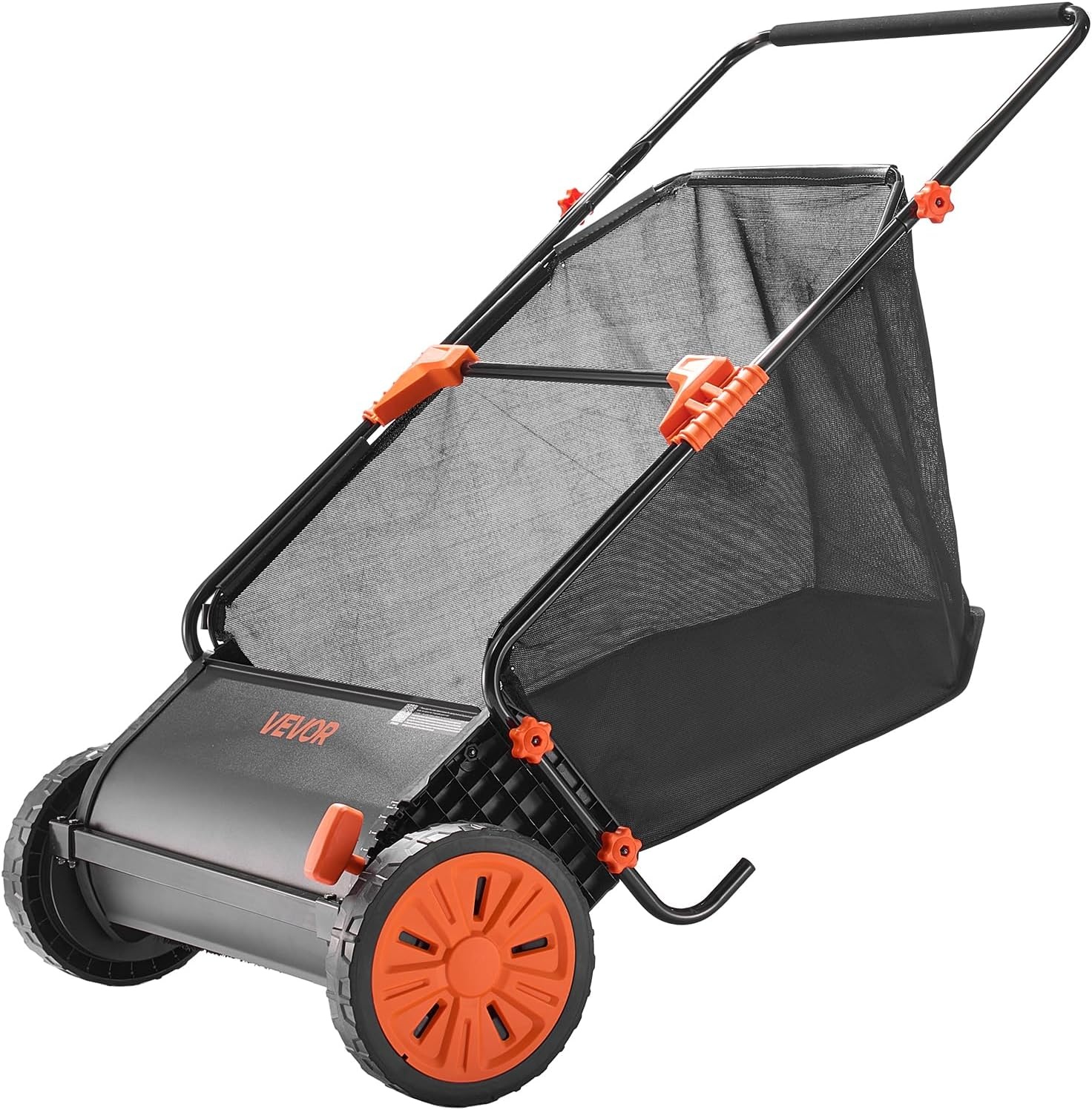 VEVOR Handmatige Gazonveger 66 cm - 26 inch Blad- en Grasverzamelaar met 7 cu. ft. Opvangzak - Zwart/Oranje