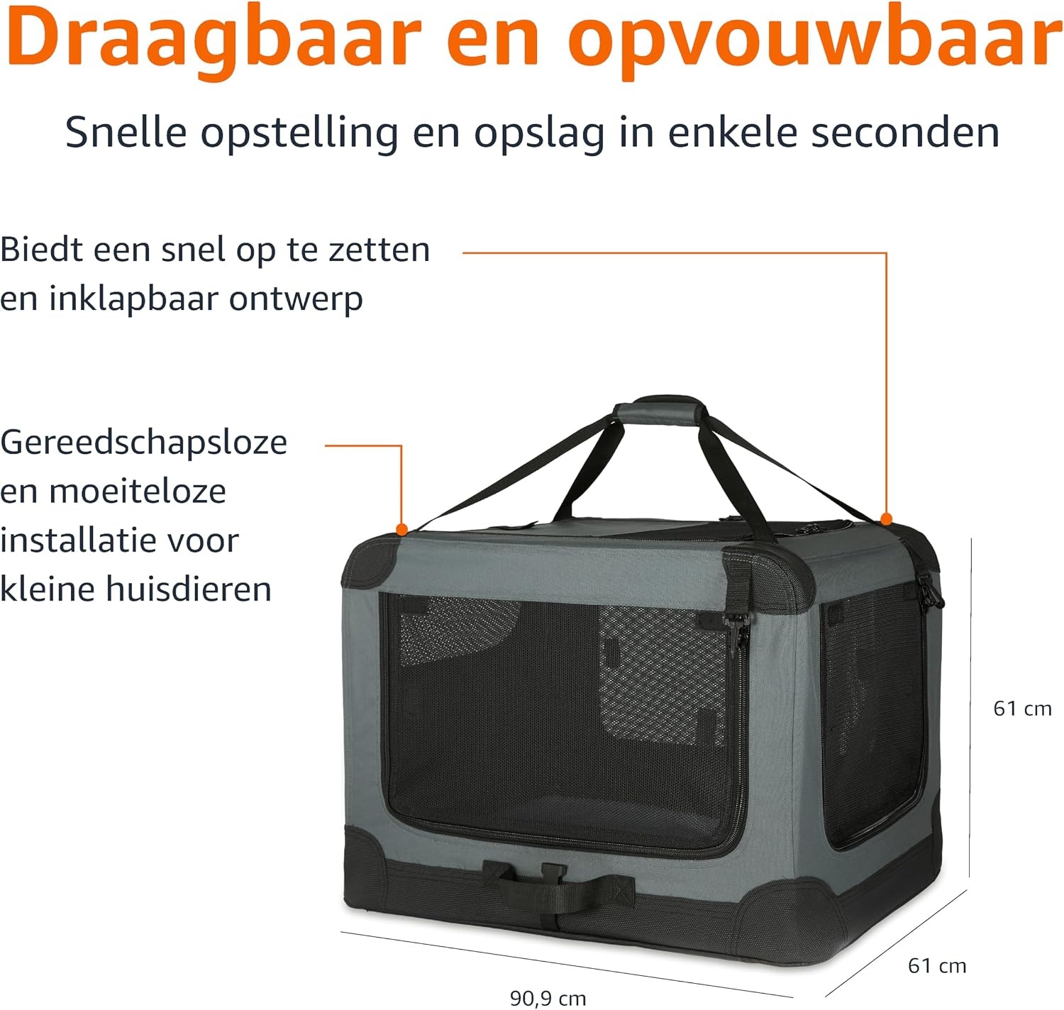 Amazon Basics Draagbare Hondenbench - Opvouwbaar - Maat L (91 x 61 x 61 cm) - Grijs