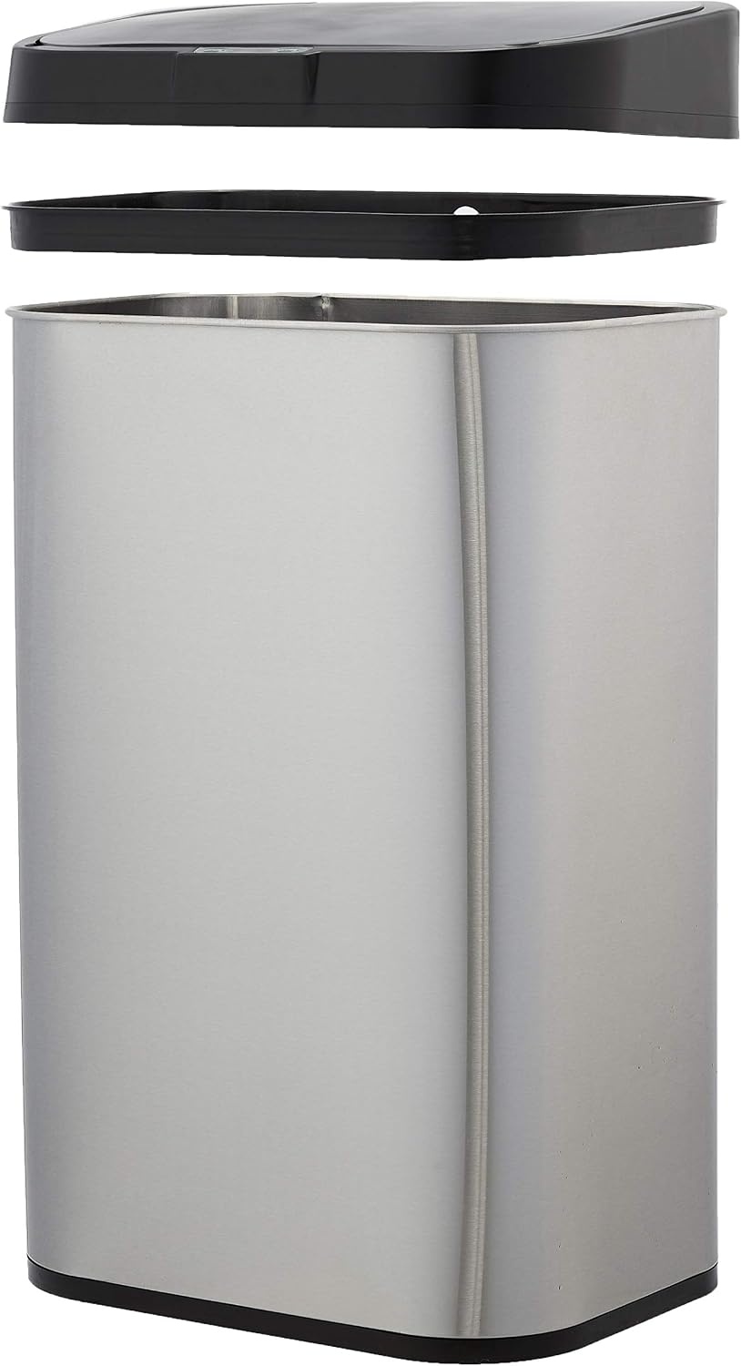 Amazon Basics Afvalbak, 60 liter, rechthoekig, roestvrij staal, met handsfree-bewegingssensor, zwart, zilver