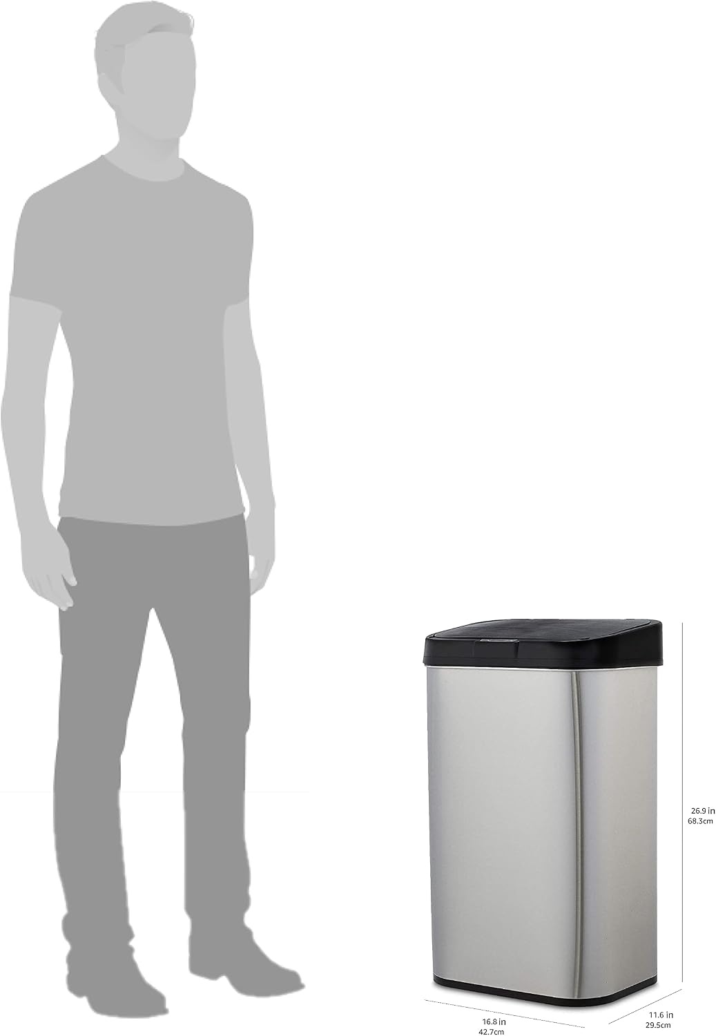 Amazon Basics Afvalbak, 60 liter, rechthoekig, roestvrij staal, met handsfree-bewegingssensor, zwart, zilver