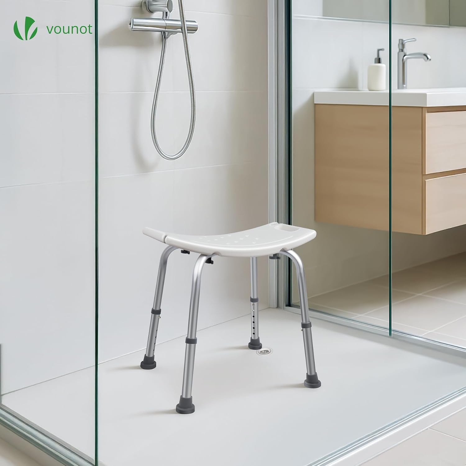VOUNOT Douchekruk, in hoogte verstelbaar, 38 tot 52 cm, ergonomische douchestoel met antislip voeten, voor ouderen, badstoel, maximale belasting 136 kg, wit