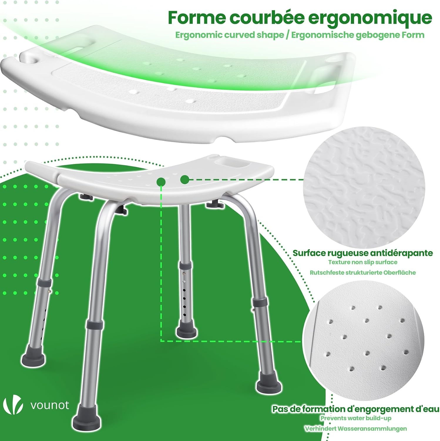 VOUNOT Douchekruk, in hoogte verstelbaar, 38 tot 52 cm, ergonomische douchestoel met antislip voeten, voor ouderen, badstoel, maximale belasting 136 kg, wit