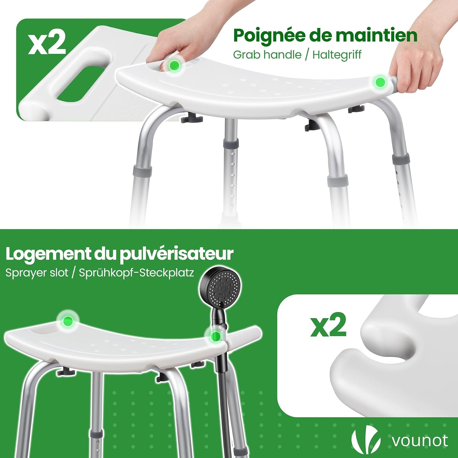 VOUNOT Douchekruk, in hoogte verstelbaar, 38 tot 52 cm, ergonomische douchestoel met antislip voeten, voor ouderen, badstoel, maximale belasting 136 kg, wit