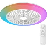 Philips Amigo Plafondventilator LED, Gebogen Bladen in Veilige Dubbele Behuizing, 48 cm Diam., 4400 L, Full-color, Instelbaar Wit Licht 2700 K tot 6500 K, 6 Ventilatorsn., Incl Afstandsbediening, Wit