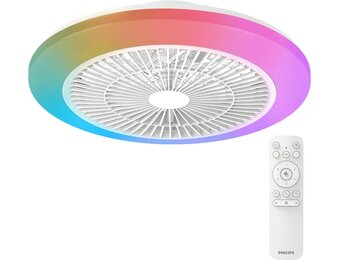 Philips Amigo Plafondventilator LED, Gebogen Bladen in Veilige Dubbele Behuizing, 48 cm Diam., 4400 L, Full-color, Instelbaar Wit Licht 2700 K tot 6500 K, 6 Ventilatorsn., Incl Afstandsbediening, Wit
