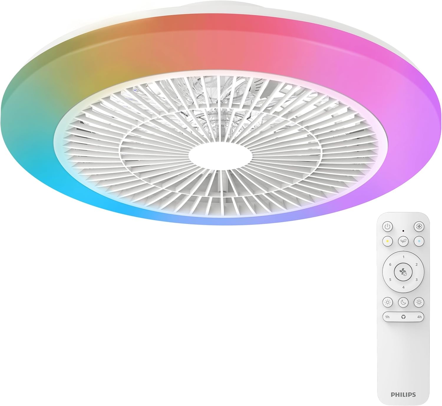 Philips Amigo Plafondventilator LED, Gebogen Bladen in Veilige Dubbele Behuizing, 48 cm Diam., 4400 L, Full-color, Instelbaar Wit Licht 2700 K tot 6500 K, 6 Ventilatorsn., Incl Afstandsbediening, Wit
