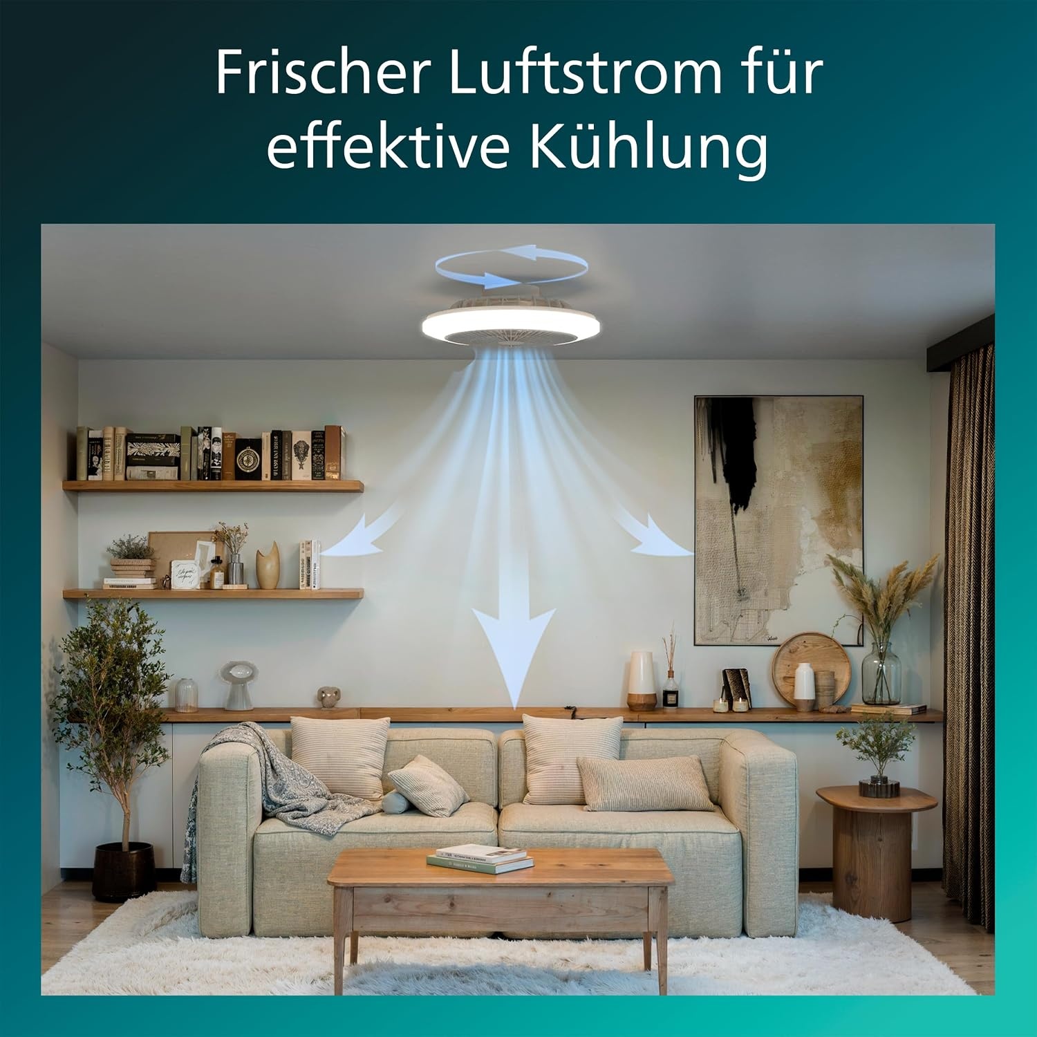 Philips Amigo Plafondventilator LED, Gebogen Bladen in Veilige Dubbele Behuizing, 48 cm Diam., 4400 L, Full-color, Instelbaar Wit Licht 2700 K tot 6500 K, 6 Ventilatorsn., Incl Afstandsbediening, Wit