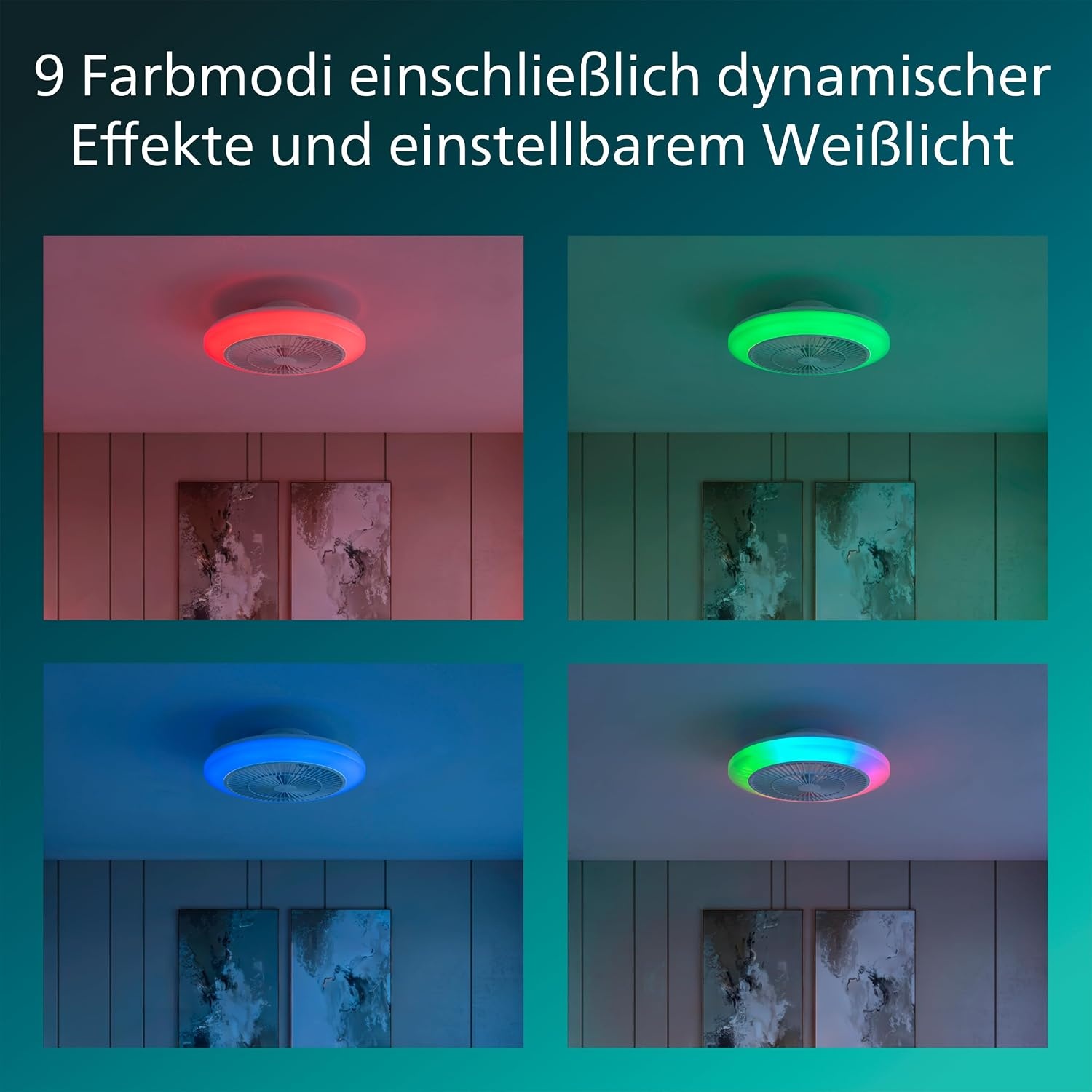 Philips Amigo Plafondventilator LED, Gebogen Bladen in Veilige Dubbele Behuizing, 48 cm Diam., 4400 L, Full-color, Instelbaar Wit Licht 2700 K tot 6500 K, 6 Ventilatorsn., Incl Afstandsbediening, Wit