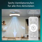 Philips Amigo Plafondventilator LED, Gebogen Bladen in Veilige Dubbele Behuizing, 48 cm Diam., 4400 L, Full-color, Instelbaar Wit Licht 2700 K tot 6500 K, 6 Ventilatorsn., Incl Afstandsbediening, Wit