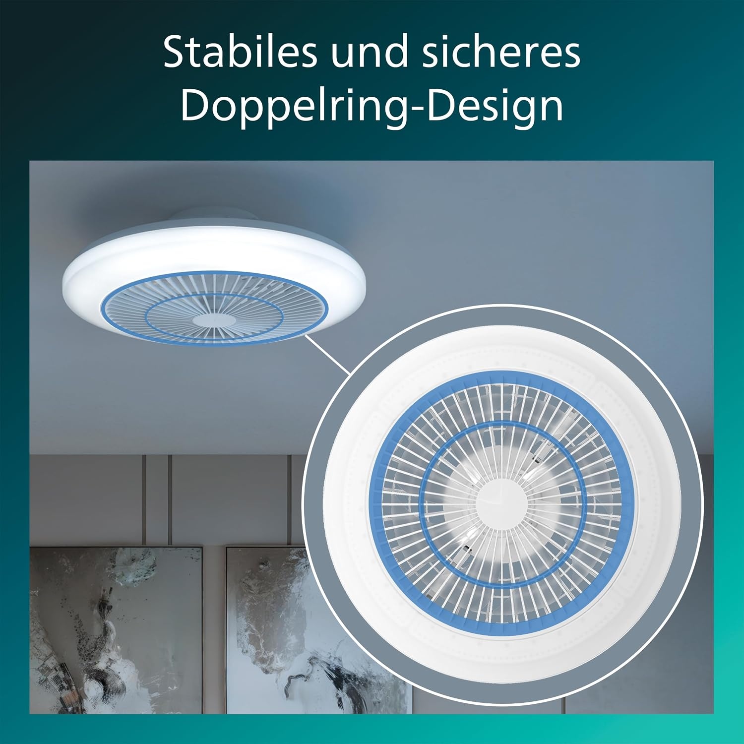Philips Amigo Plafondventilator LED, Gebogen Bladen in Veilige Dubbele Behuizing, 48 cm Diam., 4400 L, Full-color, Instelbaar Wit Licht 2700 K tot 6500 K, 6 Ventilatorsn., Incl Afstandsbediening, Wit