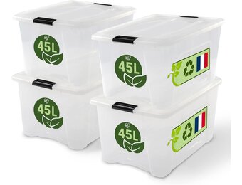 Iris Ohyama Opbergbox met deksel 45 liter - Transparant - Set van 4 stuks