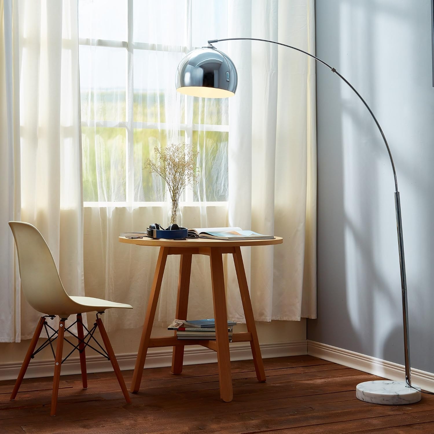 Teamson Home Arquer Booglamp Vloerlamp - Chroom Afwerking Lampenkap - Wit Marmer Baseren