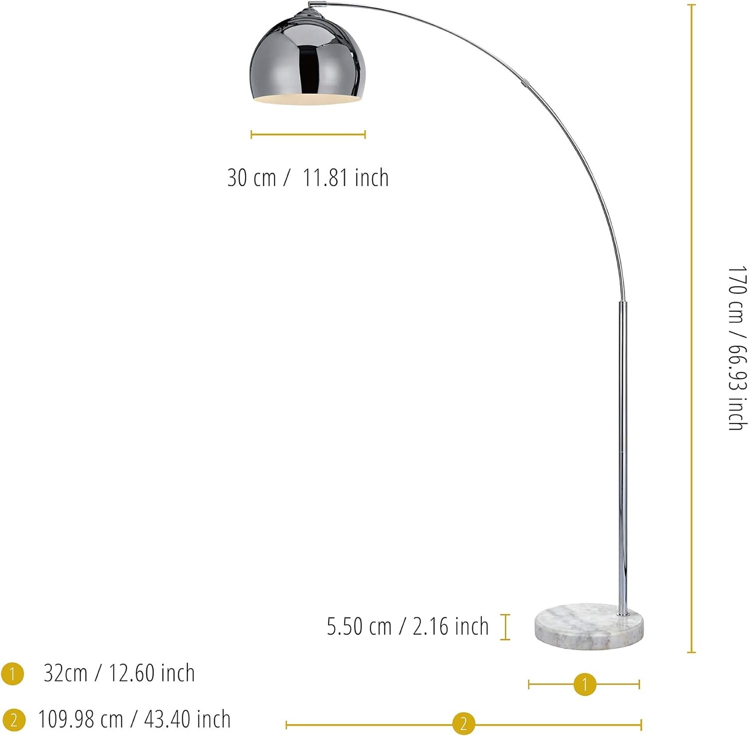 Teamson Home Arquer Booglamp Vloerlamp - Chroom Afwerking Lampenkap - Wit Marmer Baseren