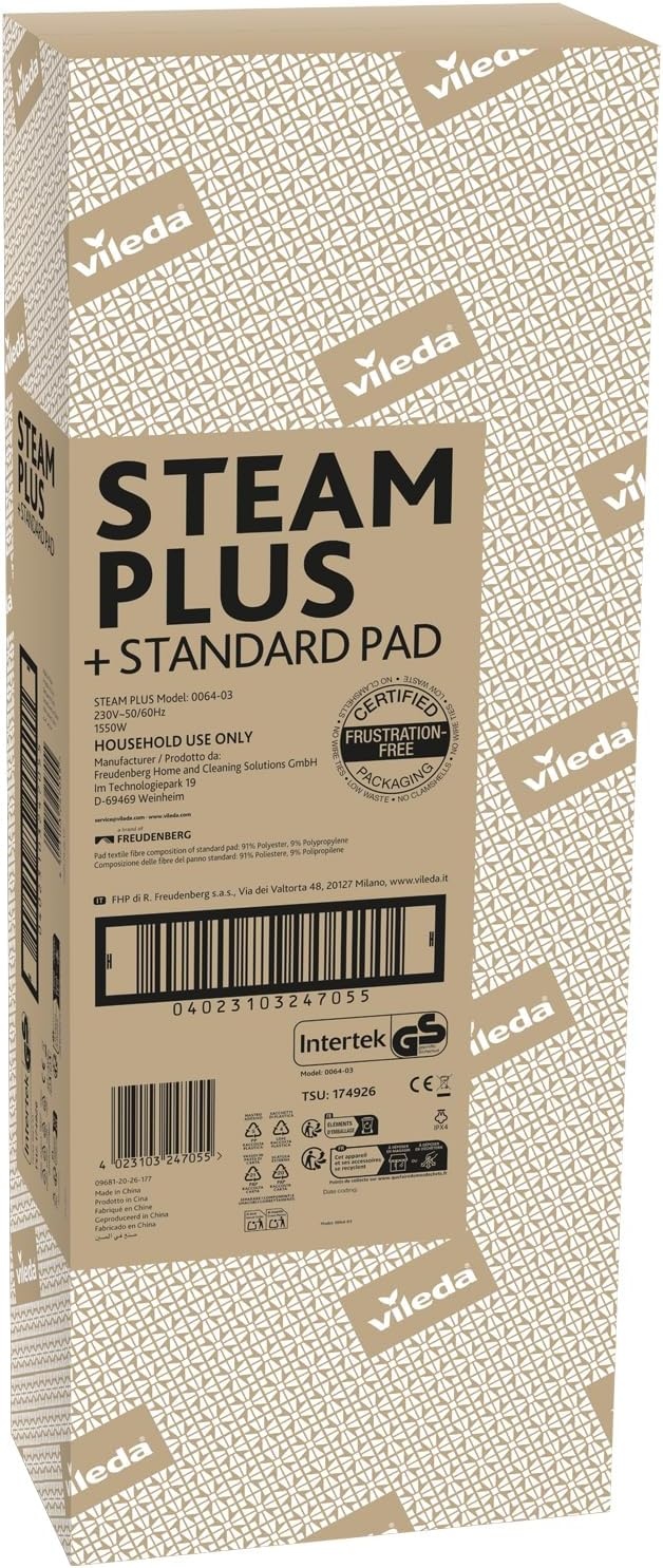 Vileda Steam Plus, Stoombezem, Stoomreiniger voor een hygiënische schoonmaak, Doodt 99,9% van de bacteriën en virussen, Ideaal voor tapijten en vasttapijten, Voor alle vloertypes