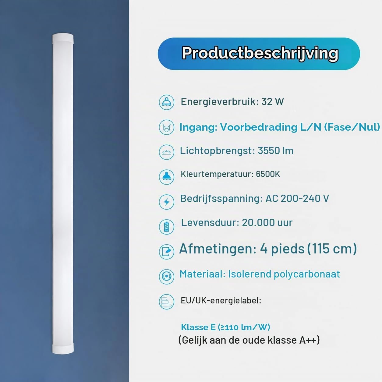 Lot van 2 Neon LED 120cm, LED Strip 32W 3550LM 6500K, LED Tube voor garage, magazijn, parking, kantoor, werkplaats, keukenverlichting.