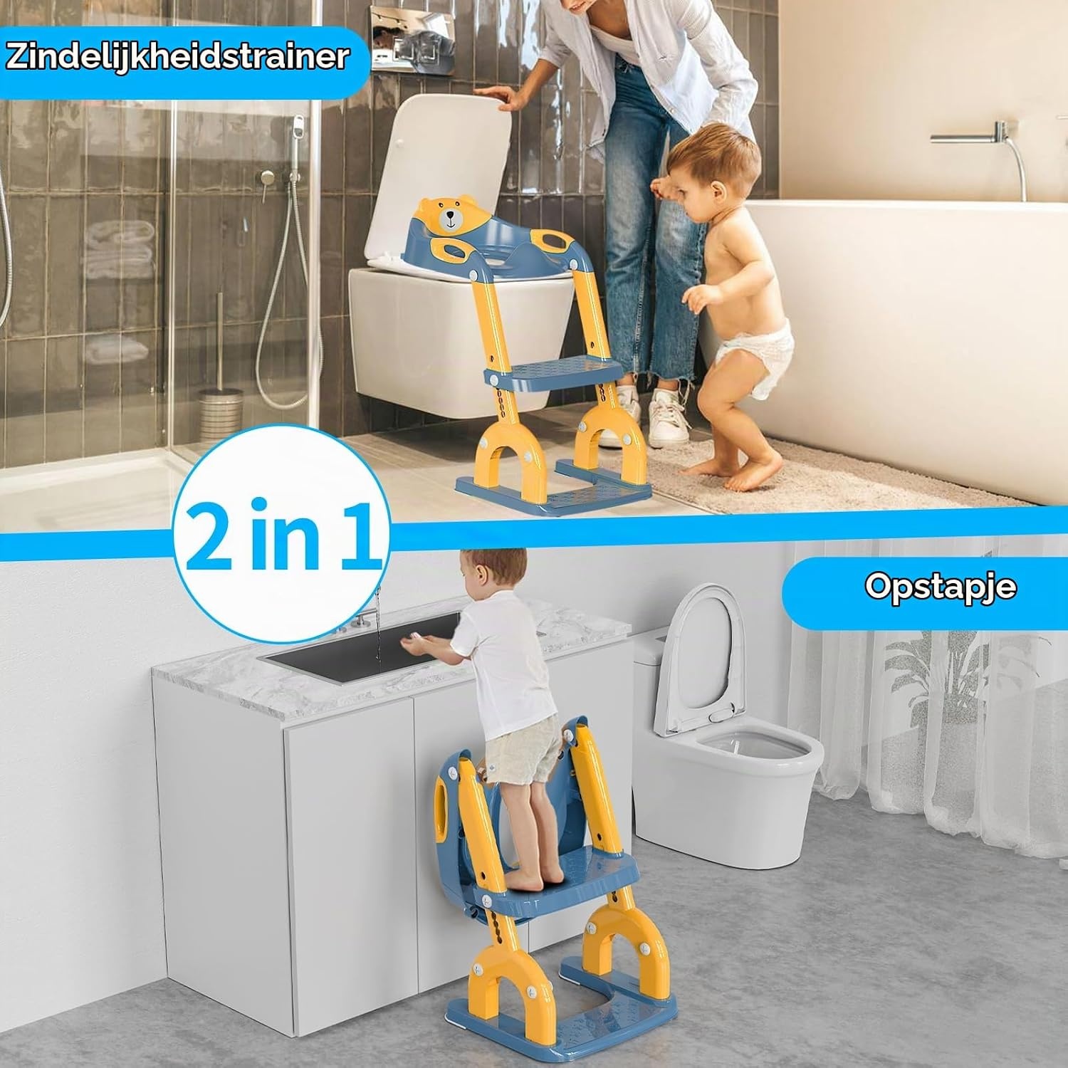 KYYOKE Kindertoiletbril met Trapje - Verstelbare Potjestrainer - Blauw/Geel