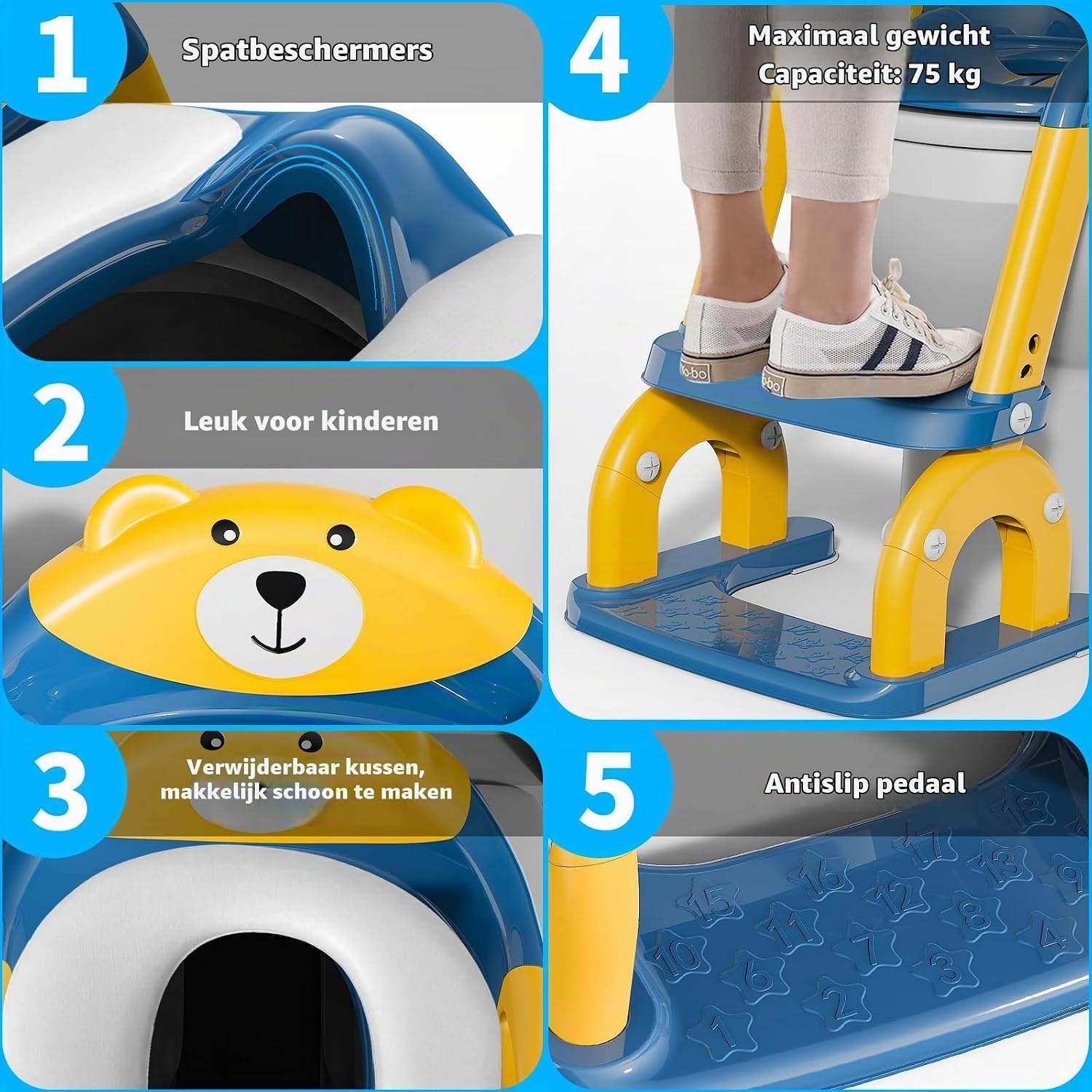 KYYOKE Kindertoiletbril met Trapje - Verstelbare Potjestrainer - Blauw/Geel